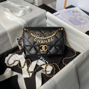 Chanel AS4986 Mini Flap bag Shiny Lambskin Imitation Pearls & Gold-Tone Metal Black