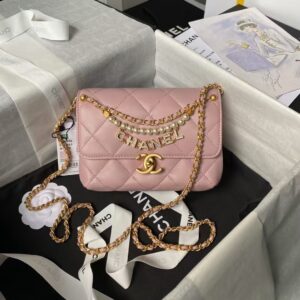 Chanel AS4986 Mini Flap bag Shiny Lambskin Imitation Pearls & Gold-Tone Metal Pink