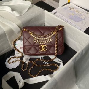 Chanel AS4986 Mini Flap bag Shiny Lambskin Imitation Pearls & Gold-Tone Metal Wine Red