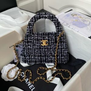 Chanel AS4416 Mini Shopping Bag Tweed and Black Calfskin Gold-Tone Metal Black and White