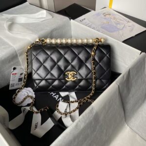 Chanel AS4997 Flap Bag with top Handle Shiny Lambskin Imitation Pearls & Gold-Tone Metal Black