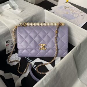 Chanel AS4997 Flap Bag With Top Handle Shiny Lambskin Imitation Pearls & Gold-Tone Metal Purple