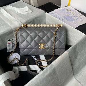 Chanel AS4997 Flap Bag Top Handle Shiny Lambskin Imitation Pearl & Gold Metal Grey