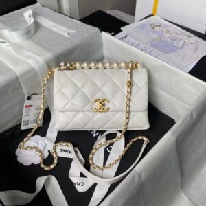 Chanel AS5001 Mini Flap Bag Top Handle Shiny Lambskin Imitation Pearl & Gold Metal White