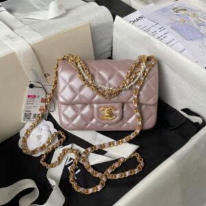 Chanel AS4385 Mini Flap Bag Pearl Lambskin Faux Pearl & Gold Metal Pink Iridescent