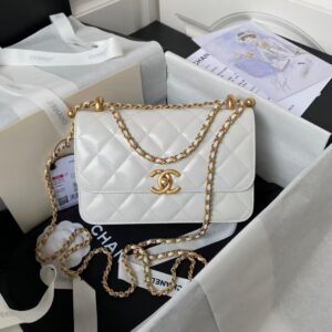 Chanel AS2649 Chain Bag With Gold Charm Small Vintage Calfskin Bag White