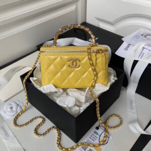 Chanel AP3804 Clutch Lambskin Vanity Case Bag With Pearl Handles Yellow