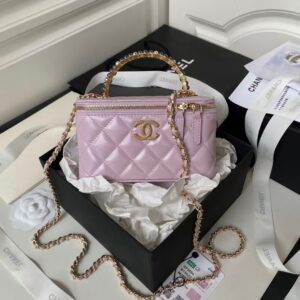 Chanel AP3804 Lambskin Cosmetic Bag With Pearl Handle Pink Purple