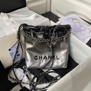Chanel 22 AS3980 Mini Tote Shiny Calfskin & Silver Metal Silver Black