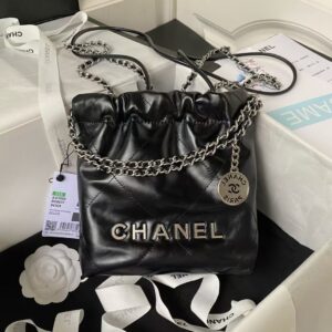 Chanel 22 AS3980 Mini Tote Bag Shiny Calfskin & Silver Metal Black