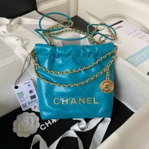 Chanel 22 AS3980 Mini Tote Shiny Calfskin & Gold-Tone Metal Lake Blue