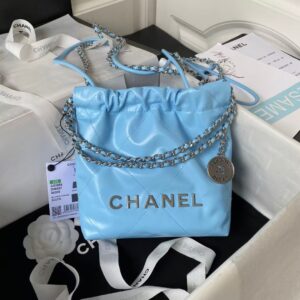 Chanel 22 AS3980 Mini Tote Shiny Calfskin & Silver-Tone Metal Sky Blue