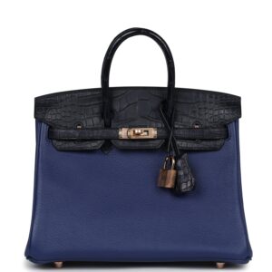 Hermès Birkin 25 Bleu Saphir Taurillion Novillo and Bleu Marine Matte Alligator Touch Rose Gold Hardware