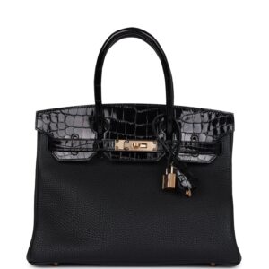 Hermès Birkin 30 Black Shiny Niloticus Crocodile and Togo Touch Rose Gold Hardware