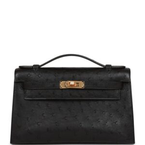 Hermès Kelly Pochette Black Ostrich Gold Hardware