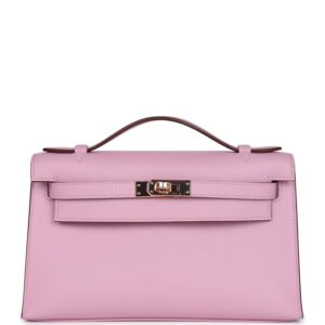 Hermès Kelly Pochette Mauve Sylvestre Swift Rose Gold Hardware