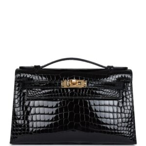 Hermès Kelly Pochette Black Shiny Porosus Crocodile Gold Hardware