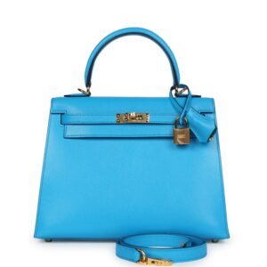 Hermès Kelly Sellier 25 Bleu Frida Chevre Gold Hardware