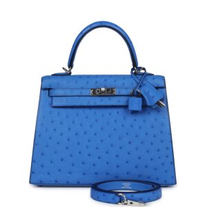Hermès Kelly Sellier 25 Bleuet Ostrich Palladium Hardware