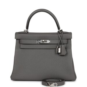 Hermès Kelly Retourne 28 Gris Meyer Clemence Palladium Hardware