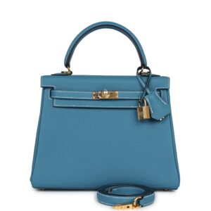 Hermès Kelly Retourne 25 Blue Jean Togo Gold Hardware