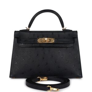 Hermès Kelly Sellier 20 Black Ostrich Gold Hardware