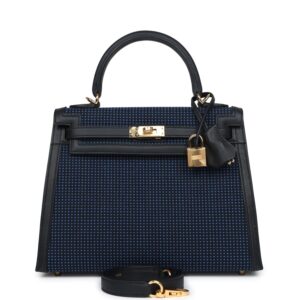 Hermès Kelly Sellier 25 Black Swift and Bleu Saphir Toile Gold Hardware
