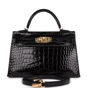 Hermès Kelly Sellier 20 Black Shiny Alligator Gold Hardware
